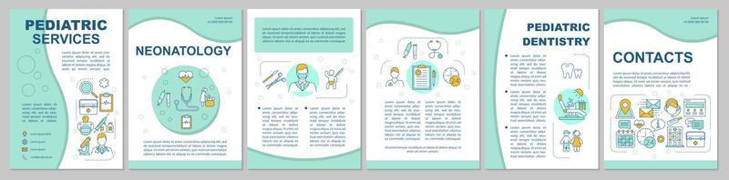 layout del modello di brochure dei servizi pediatrici. pediatria, fuori orario. volantino, opuscolo, stampa di volantini con illustrazioni lineari. layout di pagina vettoriale per riviste, report, manifesti pubblicitari