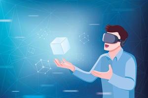 mondi di realtà virtuale, uomo con occhiali per realtà virtuale e background tecnologico blockchain. hash di crittografia e dati di transazione, un concetto di mondo virtuale. illustrazione vettoriale