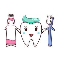 fumetto illustrazione di dente, spazzolino da denti e dentifricio. vettore