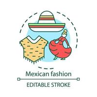 icona del concetto di moda messicana. abiti tradizionali sudamericani. poncho, sombrero, donna in abito rosso lungo idea illustrazione al tratto sottile. disegno vettoriale isolato profilo. tratto modificabile