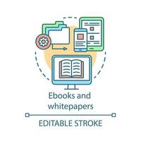 icona del concetto di ebook e whitepaper. canali di marketing dei contenuti idea illustrazione al tratto sottile. libro elettronico. insegnamento a distanza. biblioteca virtuale. disegno vettoriale isolato profilo. tratto modificabile