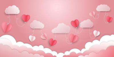 illustrazione vettoriale sfondo del concetto di san valentino, cuori e nuvole di carta rossa e rosa 3d tengono in mano una puntura sulla parte superiore, sfondo rosa tenue si sente come soffice nell'aria.