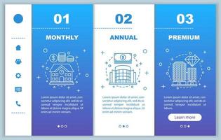 piani tariffari onboarding modelli vettoriali di schermate di app mobili. interfaccia dettagliata delle pagine del sito web. appartamento, appartamento in affitto. prezzi del servizio mensile, annuale, premium. layout pagina web pagamento smartphone