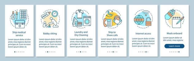 servizi di navi da crociera a bordo della schermata della pagina dell'app mobile, concetti. ristorazione, baby sitter, medicina. istruzioni grafiche passo passo per i servizi della nave da crociera. ux, ui, modello vettoriale gui, illustrazioni