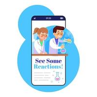 vedere alcune reazioni sullo schermo dell'app per smartphone. display del telefono cellulare con mockup di design di personaggi dei cartoni animati. studi sperimentali. interfaccia telefonica per l'applicazione della chimica per l'apprendimento vettore