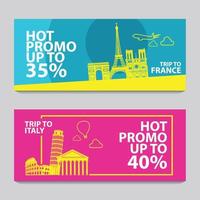 banner promozionale luminoso e colorato con colore rosa e blu per viaggi in Europa, design di silhouette art vettore