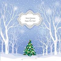 paesaggio invernale di neve con albero di Natale decorato. fondo della cartolina d'auguri di festa di buon natale con la foresta di inverno nevoso. carta da parati di natale con spazio di copia. vettore