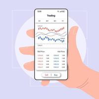 modello di vettore dell'interfaccia smartphone analitica di trading. layout di design bianco della pagina dell'app mobile. schermata delle statistiche commerciali. interfaccia utente piatta per l'applicazione. mano che tiene il telefono con l'offerta, chiedi il prezzo sul display