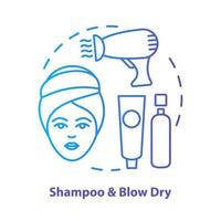 shampoo e asciugatura concetto icona blu. cura dei capelli, prodotti per il trattamento idea illustrazione linea sottile. parrucchiere, parrucchiere. disegno di contorno isolato vettore gradiente blu. tratto modificabile