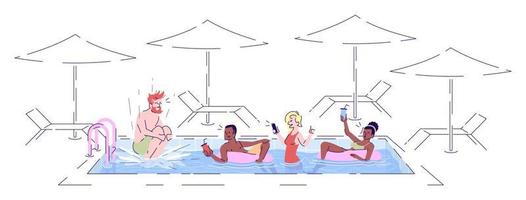 piscina divertente piatto illustrazione vettoriale. amici che si rilassano, saltano in acqua, bevono cocktail in località marittime personaggi dei cartoni animati isolati con elementi di contorno su sfondo bianco vettore