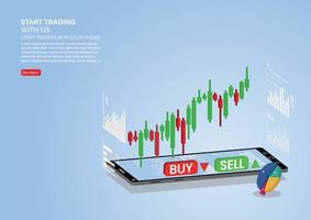 grafico a candele di vendita e acquisto di azioni tramite telefoni cellulari, trading di investimenti di mercato, illustrazione vettoriale