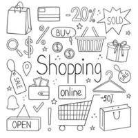 set di scarabocchi per lo shopping online. cestino, borsa della spesa, carta, regalo in stile schizzo. illustrazione vettoriale disegnato a mano isolato su priorità bassa bianca.