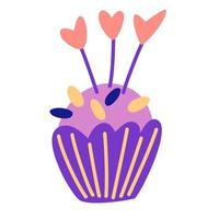 muffin con cuori. cupcake con glassa. cibo dolce. giorno di san valentino, romantico, simbolo di festa di compleanno. dolce in stile cartone animato. illustrazione vettoriale per biglietto di auguri, stampa, adesivi, poster design.