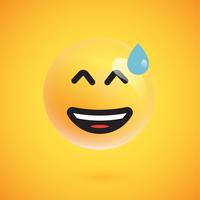 Emoticon giallo realistico davanti a uno sfondo giallo, illustrazione vettoriale