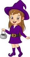 cartone animato strega ragazza che indossa in abito viola e cappello vettore