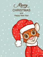 tigre simpatico cartone animato nel cappello della santa. simbolo dell'anno secondo il calendario cinese. Biglietto natalizio. illustrazione vettoriale