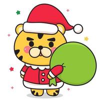 simpatico babbo natale tigre con regalo di natale kawaii animale vettore