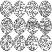 set di uova di pasqua con motivi vegetali, pagina da colorare con ornamenti floreali e frondosi sugli attributi delle vacanze vettore