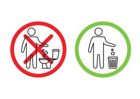 non gettare rifiuti nella toilette. servizi igienici senza spazzatura. mantenendo il pulito. per favore non sciacquare asciugamani di carta, prodotti sanitari, icone. icona proibita. buttare la spazzatura in un bidone. vettore