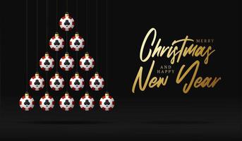 albero di natale e capodanno biglietto di auguri casino chip gingillo. albero di natale creativo realizzato da poker chip su sfondo nero per la celebrazione di natale e capodanno. biglietto di auguri sportivo vettore