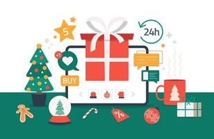 concetto di vendita di vacanze di shopping natalizio online. concetto di illustrazione vettoriale di capodanno per il servizio di consegna di regali, e-commerce, shopping online.