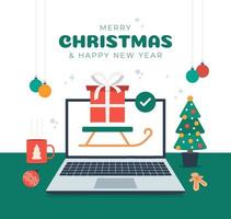 regali di consegna della slitta di babbo natale online. shopping natalizio da casa utilizzando un servizio di consegna, stare a casa, distanza sociale e concetto di prevenzione del coronavirus vettore