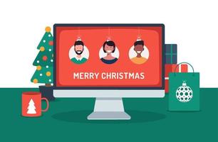 festa di Natale online. persone in quarantena con videochiamate che celebrano natale e capodanno a casa e decorano con albero di natale, tazza, illustrazione vettoriale piatta