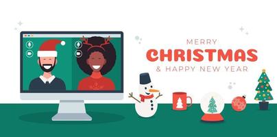 festa di Natale online. persone in quarantena con videochiamate che celebrano natale e capodanno a casa e decorano con albero di natale, tazza, illustrazione vettoriale piatta