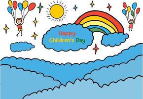 felice giorno dei bambini illustrazione a mano disegna bambini con nuvole, arcobaleno, sole e bambini che volano con palloncini vettore