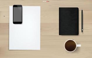 sfondo oggetto ufficio su legno. zona di lavoro. sfondo aziendale di foglio di carta bianca, smartphone, tazza di caffè, taccuino e matita su struttura di legno. vettore. vettore