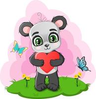 simpatico panda che tiene in mano un cuore rosso vettore