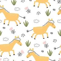 carino modello senza cuciture per bambini sfondo animale cartone animato con cavalli e alberi design disegnato a mano in stile per bambini. utilizzare per la stampa, carta da parati, confezioni regalo, tessuti, illustrazioni vettoriali. vettore