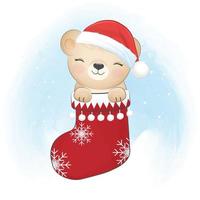simpatico orsetto nel calzino. illustrazione della stagione natalizia vettore