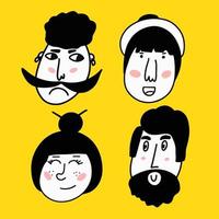 facce disegnate a mano. set di avatar di persone per social media, sito web. scarabocchiare ritratti ragazze e ragazzi alla moda. collezione di icone alla moda. illustrazione vettoriale in bianco e nero su sfondo giallo.