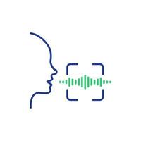 icona della linea di riconoscimento vocale e vocale. scansiona l'icona del comando vocale con l'onda sonora. controllo vocale. parla o parla riconoscimento e icona della linea di identificazione. testa umana e onda sonora. illustrazione vettoriale