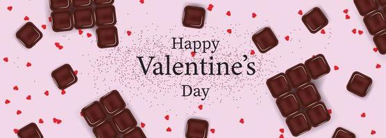 striscione viola con cioccolato e coriandoli per buon san valentino. modello per banner, pubblicità, cartoline, inviti, sfondi. vettore
