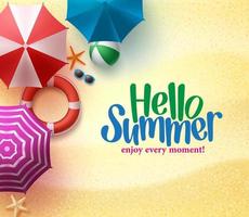 ciao sfondo estivo con ombrellone colorato, pallone da spiaggia e salvagente in riva al mare di sabbia per la stagione estiva.
