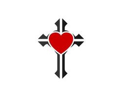 simbolo astratto della croce della religione con la forma dell'amore rosso all'interno vettore