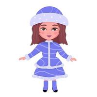 Vergine delle Nevi. bella ragazza che indossa cappotto blu con pelliccia bianca, personaggio natalizio tradizionale russo su sfondo bianco. illustrazione per sfondi, biglietti di auguri e design stagionale. vettore