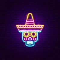 insegna al neon del sombrero del teschio messicano vettore