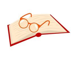 libro aperto con gli occhiali, concetto di lettura. vettore