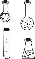 provette chimiche imposta icona. stile doodle disegnato a mano. , minimalismo, monocromo. collezione di laboratorio vettore