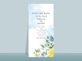 carta di invito a nozze con bellissimi fiori blu e gialli vettore