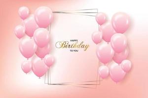 cornice di auguri di compleanno set di palloncini rosa viola realistici e sfondo e testo rosa vettore