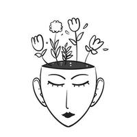 scarabocchio disegnato a mano umano o testa di donna con fiori all'interno dell'illustrazione vettoriale