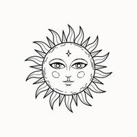 line art di mistico sole decorativo esoterico con faccia vettore