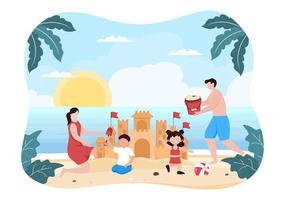 tempo in famiglia di genitori e bambini gioiosi che trascorrono del tempo insieme in spiaggia facendo varie attività rilassanti nell'illustrazione piatta dei cartoni animati per poster o sfondo vettore