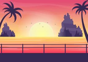 mare tramonto paesaggio del sole sopra l'oceano con nuvole, superficie dell'acqua, palma e spiaggia in sfondo piatto illustrazione per poster, banner o sfondo vettore