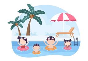 tempo in famiglia di genitori e bambini gioiosi che trascorrono del tempo insieme in spiaggia facendo varie attività rilassanti nell'illustrazione piatta dei cartoni animati per poster o sfondo vettore