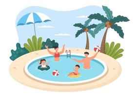 tempo in famiglia di genitori e bambini gioiosi che trascorrono del tempo insieme in spiaggia facendo varie attività rilassanti nell'illustrazione piatta dei cartoni animati per poster o sfondo vettore